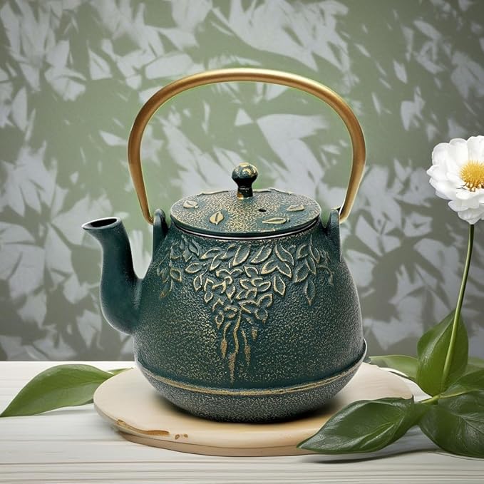 TOPTIER Japanese Cast Iron Tea Kettle with Infuser, Leaf Design Teapot Stovetop Safe Coated with Enameled Interior for 32 Ounce (950 ml), Dark Green - Bloomnest