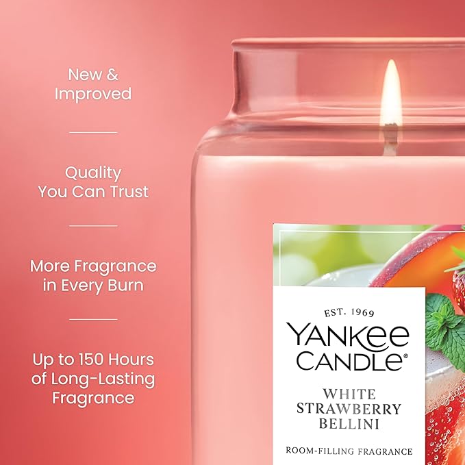 Yankee Candle White Strawberry Bellini Scented Candle, 22oz Large Jar with up to 150 Hour Burn Time, Giftable - Bloomnest