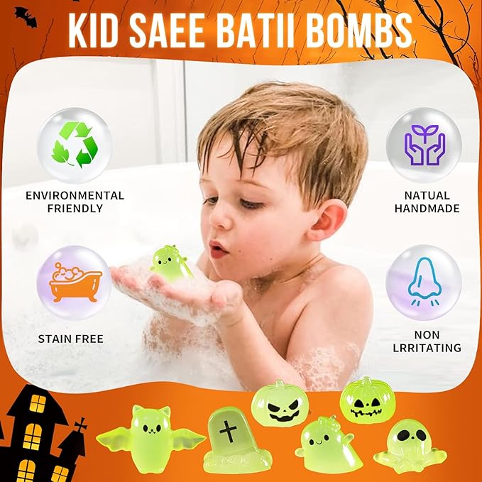 Halloween Bath Bombs for Kids Pumpkin Bath Bombs with Halloween Luminous Mini Resin Toys Inside Halloween Toys Halloween Treat Bags Gifts Kids Skin Care Bathbombs - Bloomnest