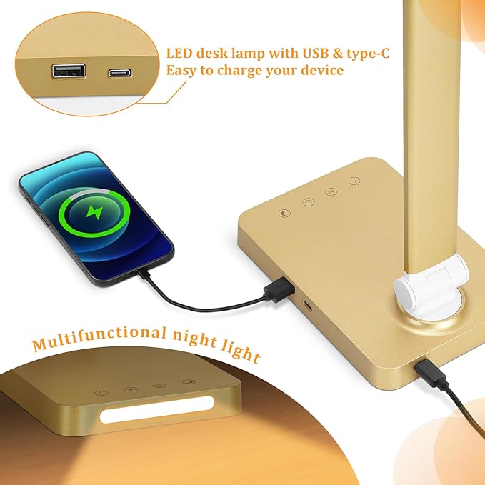 LED Desk Lamp with USB Ports,Touch Desk Lamps for Home Office with 5 Color Modes,3 Brightness Desk Light with Small Night Light,Reading Lamp Table Lamp for Bedroom Bedside Study Gold （with Adapter） - Bloomnest
