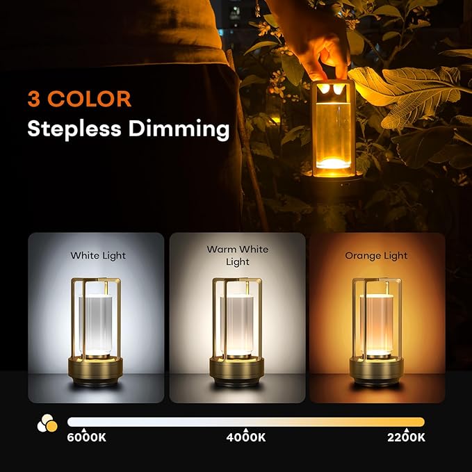 Portable Metal Table Lamp for Indoor/Outdoor ,Rechargeable Cordless LED Lamp, 3-Colour Infinitely Dimming Battery Powered Small Desk Lamp, Restaurant/Bedroom/Bar/Coffee/Camping Light (Gold Set of 2) - Bloomnest