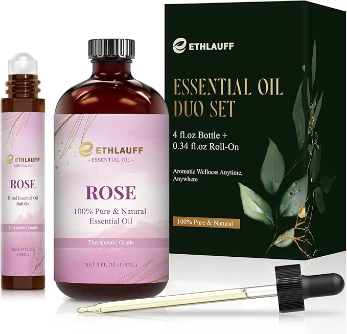 Rose Essential Oil (4 oz/120 ml) — Rose Oils for Aromatherapy, diffusers, humidifiers, Home fragrances, DIY Skincare, soap Making, DIY Candle, Relaxation, Yoga, and Meditation Ethlauff
