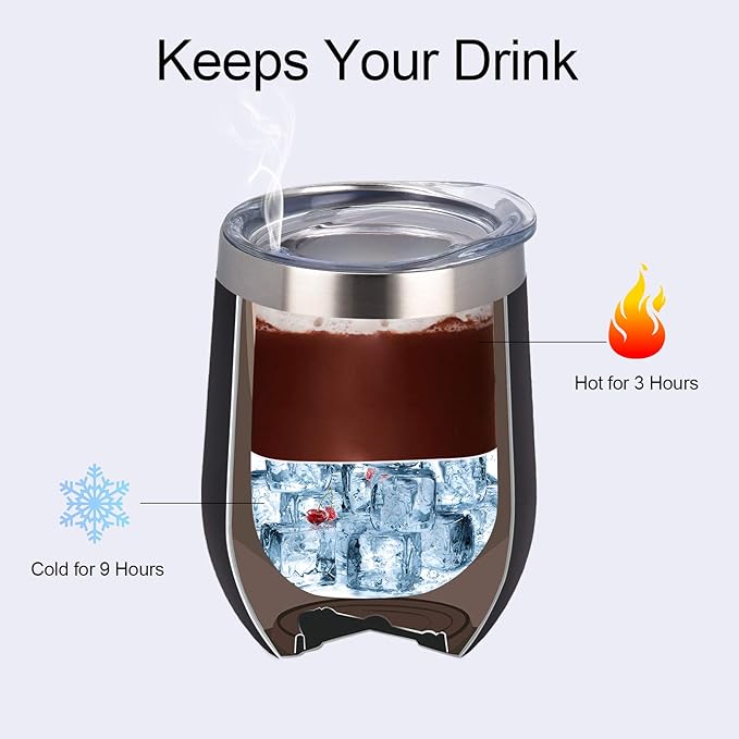 12 Pack Stainless Steel Wine Tumblers, 12Oz Double Wall Vacuum Insulated Wine Tumblers with Lids and Straws, Stainless Steel Stemless Wine Glasses for Coffee, Wine, Cocktails, Champaign, Black - Bloomnest