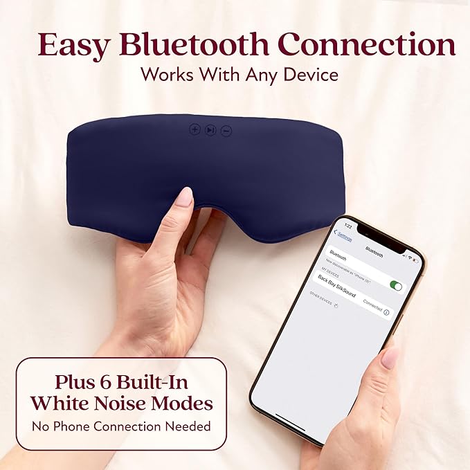 SilkSound 100% Mulberry Silk Bluetooth Sleep Mask for Side Sleepers, Sleeping Eyemask with Bluetooth Headphones, Eye Mask Headphones, Sleep Headphones for Side Sleepers, White Noise Head Phones - Bloomnest