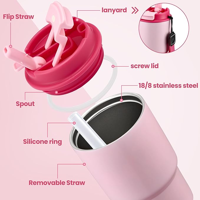 13.5oz Kids Insulated Tumbler with Lid and Straw, BPA-Free Stainless Steel Kids Water Bottle, Leak-Proof& Cupholder Friendly Tumbler for Boys & Girls -2 Pack(Pink+Purple) - Bloomnest