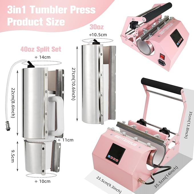 BetterSub 3in1 40 OZ Tumbler Mug Heat Press Machine 30 OZ 20 OZ 16 OZ Sublimation Straight Skinny Tumbler Mug,11 OZ 15 OZ 16 OZ Sublimation Mug Heat Transfer Pink - Bloomnest
