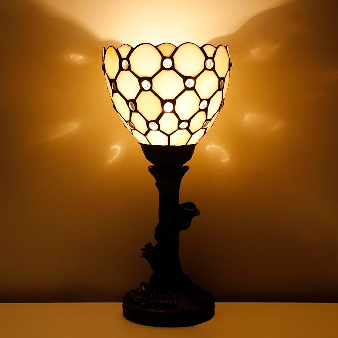 Small Tiffany Lamp Mini Stained Glass Table Lamp Cream Bead Accent Desk Uplight W6 H13.5 Inch Bronze Resin Base - Bloomnest