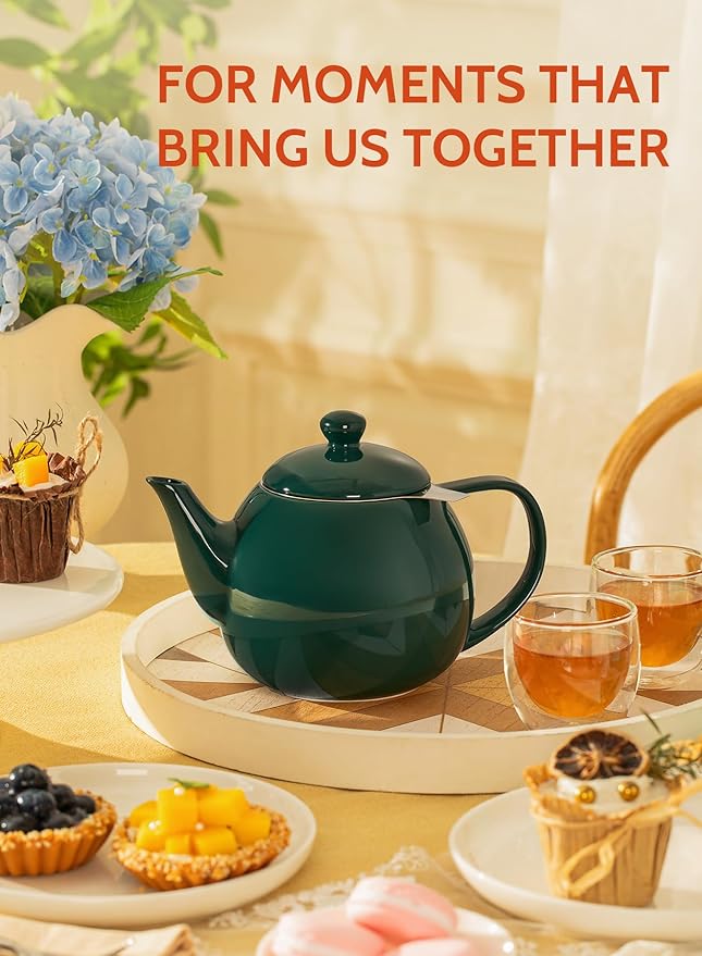Sweese Teapots for Tea, 27 oz Porcelain Tea pot with Removable Stainless Steel Infuser, Tea Pots for Loose Tea - Dark Green - Bloomnest