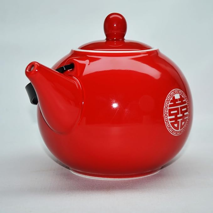 Chinese Teapot 28oz Porcelain Tea Pot Red Glazing with Detachable iron handle for Adults Men Women Tea Ceremony Wedding Party Home Decor (Double happiness Teapot) - Bloomnest