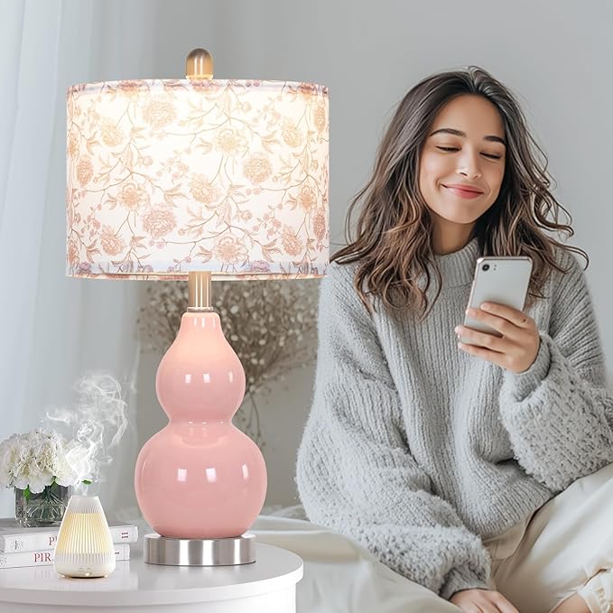 Pink Double Gourd Ceramic Lamps Set of 2 with Flower Lampshade, Modern Table Lamps for Living Room, Contemporary Nightstand Bedside Lamp for Bedrooms End Tables Office Dorm Decor(2 LED Bulbs Included) - Bloomnest