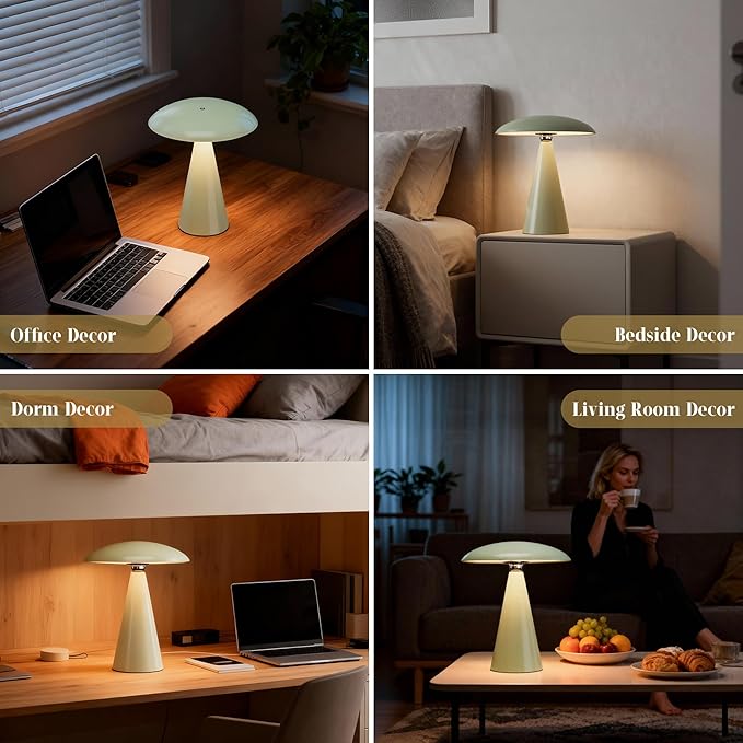 Mushroom Aesthetic Cute Lamp,Magnetic Mid Century Modern Lamp with 3-Mode Lighting for Unique Home Mushroom Decor,Cordless USB-C Rechargeable Lamps for Bedside/Dorm/Office Decor(Avocado Green) - Bloomnest