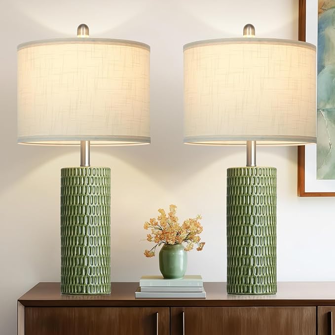 Modern Ceramic Table Lamps for Night Stands - Bedside Lamps Set of 2 for Nightstand, 27" Green Elegant Bedroom Lamp for Night Stand Desk Side End Table Home Decor(2 Bulbs Included) - Bloomnest