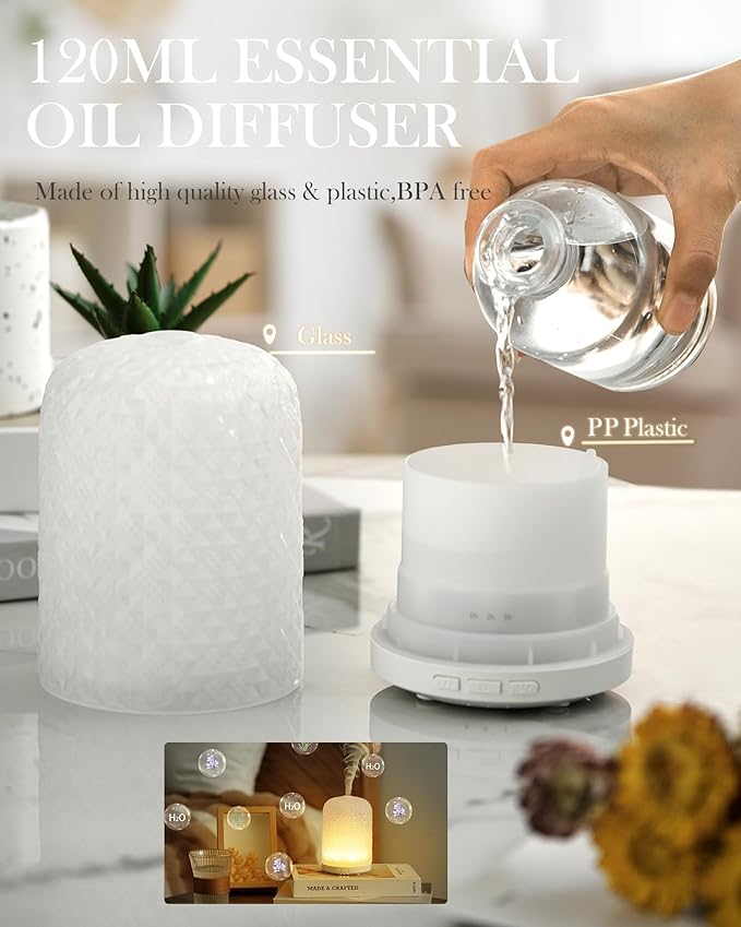 Essential Oil Diffuser – 2.4MHz Ultrasonic Aromatherapy Diffuser, Health Night Light, Timer & Auto Shut-Off, BPA-Free, 120ml Glass Oil Diffuser for Home, Office, Spa, Yoga - Bloomnest