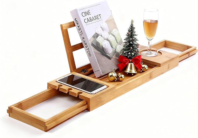 Utoplike Bamboo Bathtub Caddy Tray Bath Tray for Tub, Adjustable Bathroom Bathtub Organizer with Book Tablet Wine Glass Cup Towel Holder - Bloomnest