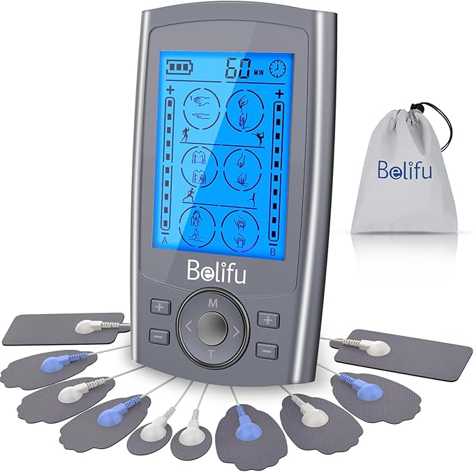 Belifu Dual Channel TENS EMS Unit 24 Modes Muscle Stimulator for Pain Relief Therapy, Electronic Pulse Massager Muscle Massager with 10 Pads, Dust-Proof Drawstring Storage Bag, Fastening Cable Ties Belifu