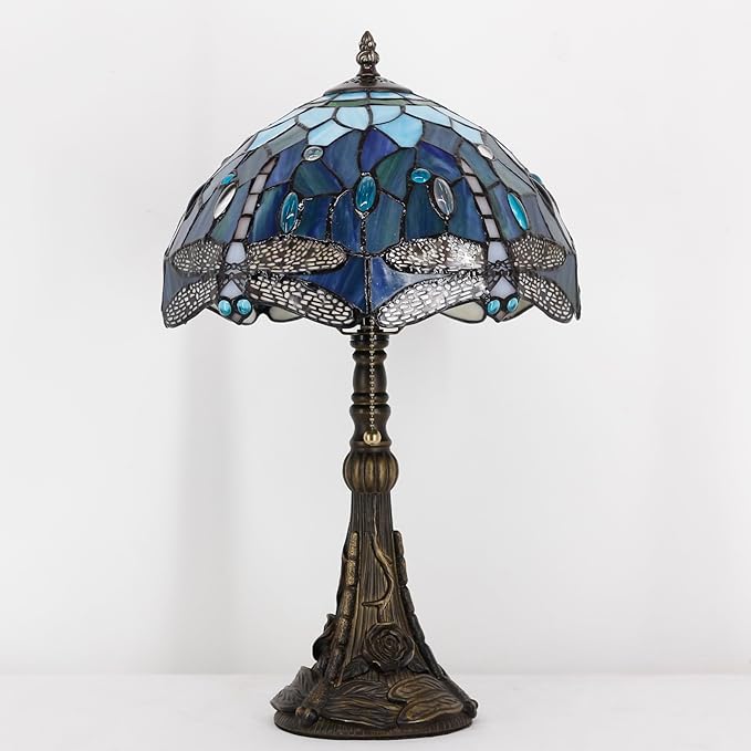Tiffany Stained Glass Table Lamp 12X12X19 Inch Blue Dragonfly Style Desk Bedroom Living Room Reading Light (Blue Dragonfly) - Bloomnest