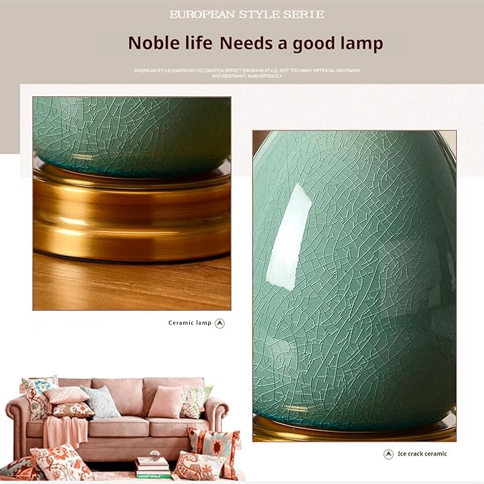 Large Table Light 3 Color Adjustable Ceramic Lamp Vintage Nightstand Lamps Dimmable Bedside Table Lamps for Living Room Bedroom Home Office (Green Fabric lampshade) - Bloomnest