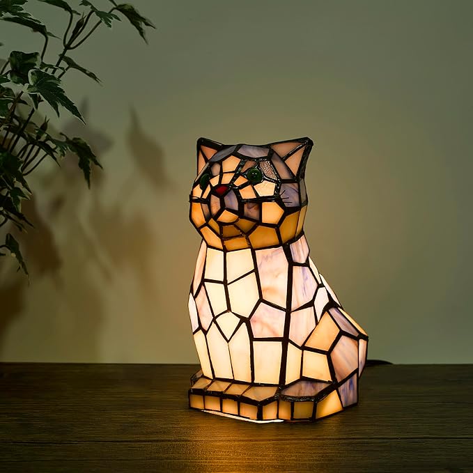 Tiffany Cat Lamp Blue and White Stained Glass Animal Table Lamp Accent Lamp - Bloomnest