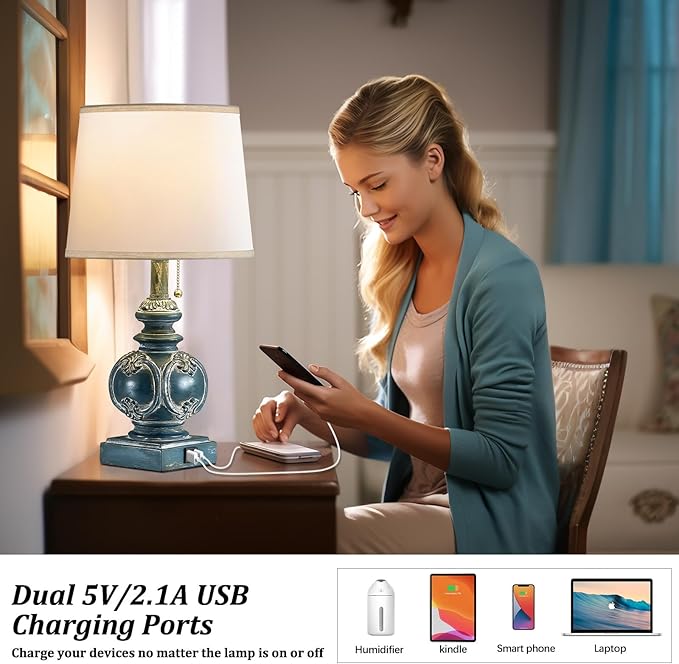 20.75" Farmhouse Table Lamps for Bedroom Set of 2, Rustic Bedside Lamps with 2 USB Port, Retro side table lamp Antique Nightstand Lamp for Living Room End Table Office Country, Traditional Washed Blue - Bloomnest