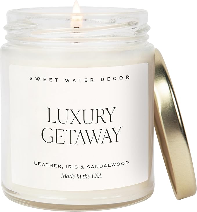 Sweet Water Decor Luxury Getaway Scented Candles - Soy Candles with Lemon, Cedarwood, Cinnamon, Vetiver, Amber & Musk Home Scent - Candle Wax with 40 Hours Burn Time - 9Oz Gold Lid Clear Jar Candles - Bloomnest
