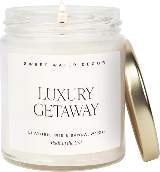 Sweet Water Decor Luxury Getaway Scented Candles - Soy Candles with Lemon, Cedarwood, Cinnamon, Vetiver, Amber & Musk Home Scent - Candle Wax with 40 Hours Burn Time - 9Oz Gold Lid Clear Jar Candles - Bloomnest