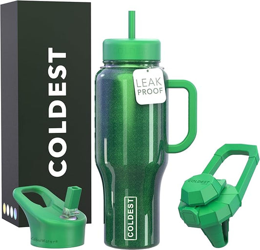 Coldest Tumbler with Handle and Straw, 100% Leak Proof Insulated Tumbler with Lid and Straw (3 Lids), Stainless Steel Tumblers for Women & Men, Cup Holder Friendly, 36 oz (Enchanted Green) - Bloomnest
