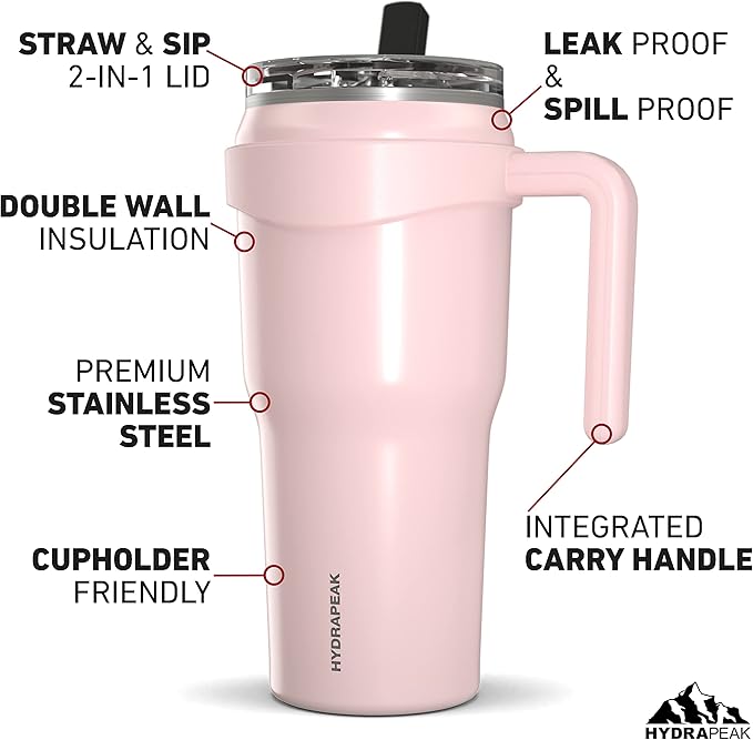Hydrapeak Roadster 40oz Stainless Steel Tumbler Double Wall Vacuum Insulated Water Bottle With Handle And 2 in 1 Straw Lid (Seashell) - Bloomnest