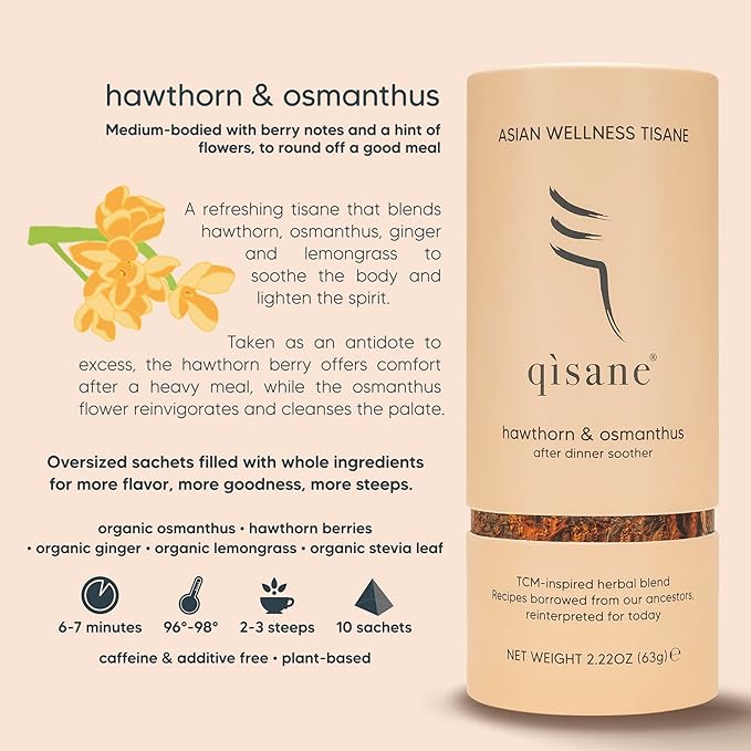 qìsane Hawthorn Berry Tea Bags with Osmanthus Flower - Dried Hawthorn Berries, Osmanthus Plant, Lemongrass & Ginger Loose Leaf Tea to Help Support Digestion & Easy Breathing - 10 sachets (~30 cups) - Bloomnest