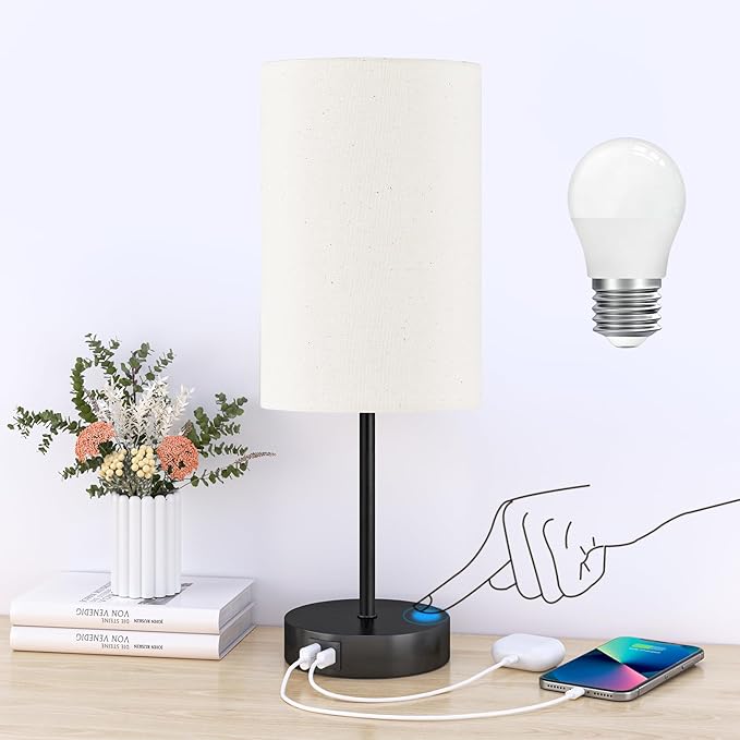 AKASUKI 18Inch Table Lamp with Dual Charging Station, 3 Way Dimmable Touch Lamp for Bedroom, Living Room, Office(LED Bulb Included) - Bloomnest