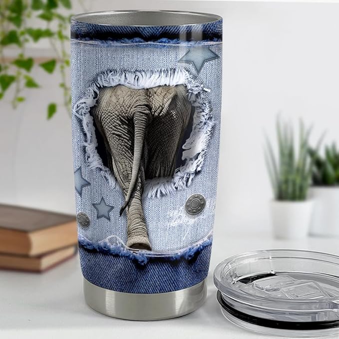 SANDJEST Elephant Tumbler 20oz Stainless Steel Insulated Tumblers Coffee Travel Mug Cup Jeans Drawing Style Elephants Gifts for Women Men Gift for Birthday Christmas - Bloomnest