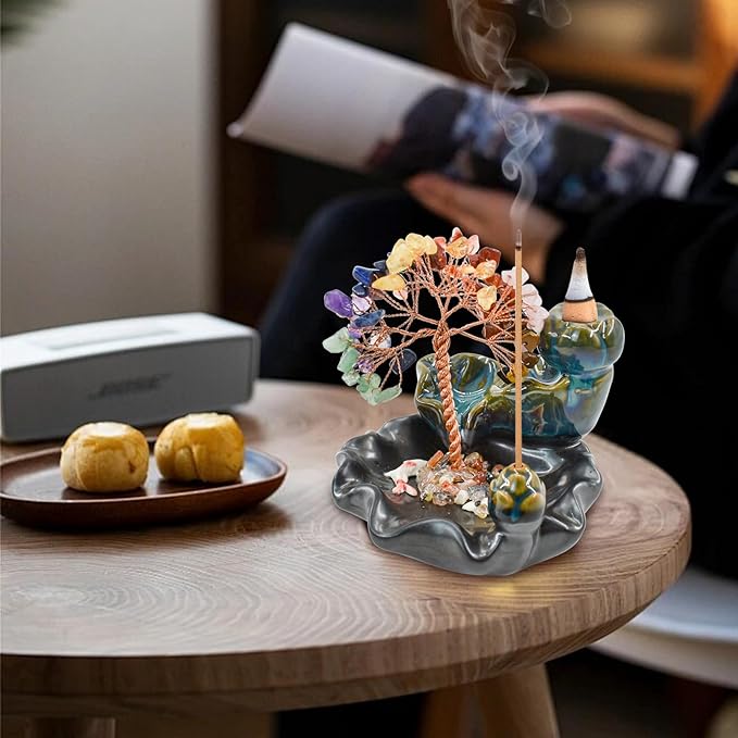 MrMrKura Backflow Incense Burner, Ceramic Incense Waterfall Burner with 7 Chakras Healing Crystals Tree Fountain Incense Holders for Yoga Meditation Home Decor - Bloomnest