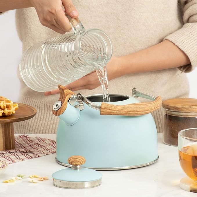 Whistling Stainless Steel Diamond Pattern Tea Kettle with Wood Grain Anti Heat Handle, Stainless Steel Cover Wood Grain Nylon Cover Top Tea Pot (Green) - Bloomnest