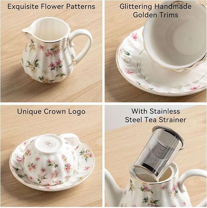 Porcelain Tea Sets British Royal Series, 8 OZ Cups & Saucer Service for 6, with Teapot Sugar Bowl Cream Pitcher Teaspoons and Tea Strainer, Suitable for High Tea, Wedding, Party（Spring Flowers） - Bloomnest