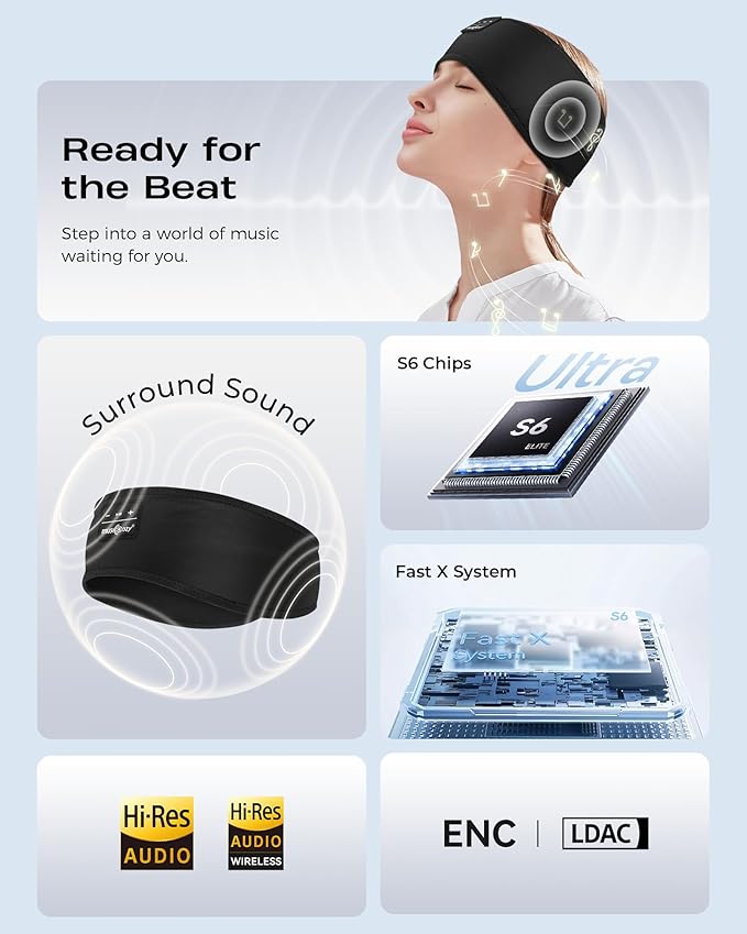 MUSICOZY Sleep Headphones Soft Bamboo Cotton Headband Headphones for Sleeping, Sleep Headphone Wireless Bluetooth 5.4 with Ultra-Thin HD Stereo Speaker for Unique Gifts(Classic Black) - Bloomnest