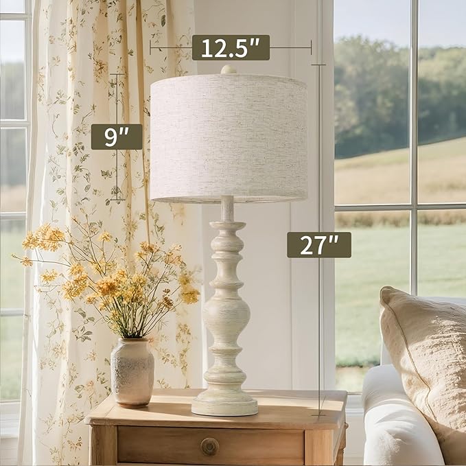 BOBOMOMO 27" Antique White Table Lamps Set of 2, Large Vintage Resin Lamps with Linen Shades, Farmhouse White Lamps for Bedroom, Living Room, or Console Table Elegant Home Décor - Bloomnest