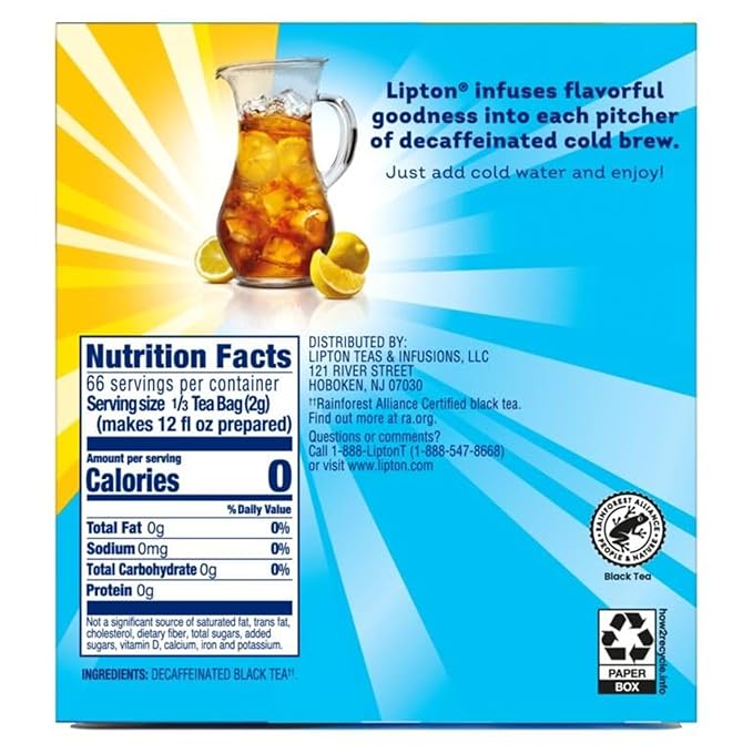 Lipton Cold Brew Decaffeinated Pitcher Size Tea Bags, 22ct tea bags - 2 Boxes - Bloomnest
