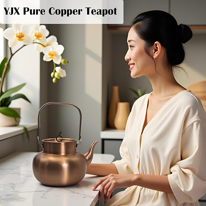 YJX Pure Copper Tea Kettle For Stovetop, Chinese Style Non-Coating Teapot with Stainless Steel Tea Ball For Loose Tea, Solid Tea Pot (1600ml) - Bloomnest
