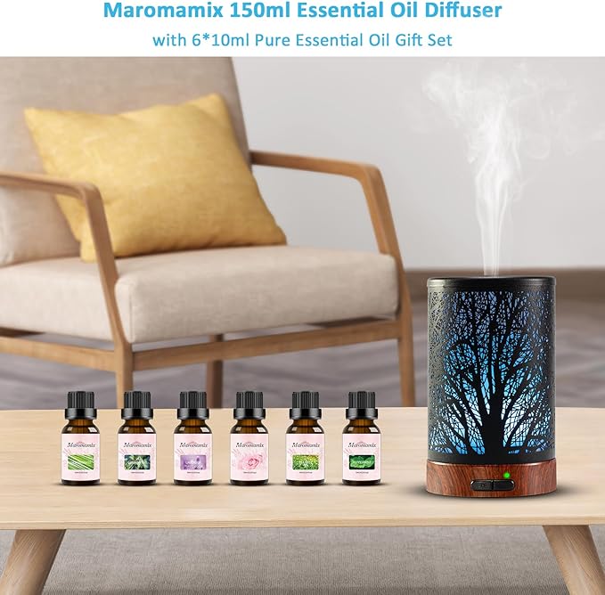 Oil Diffuser & Essential Oils Set - Oil Diffuser 150ml with 6 Essential Oils Set, Aromatherapy Cool Mist Oil Diffusers for Essential Oils, Auto Shut-Off，7 Colors Night Light,Gifts for Mom - Bloomnest