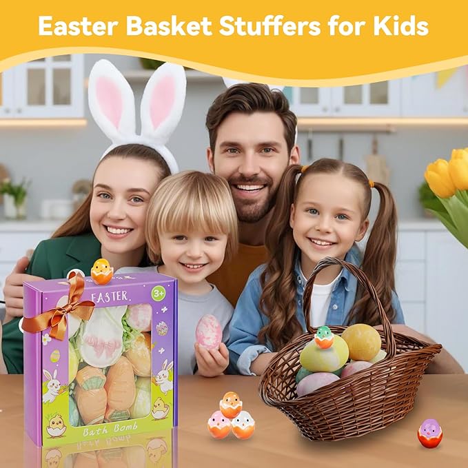 Kids Bath Bombs with Surprise Inside: 9 Pcs Natural Organic Egg Bunny Shaped Basket Stuffers for Kid Girls Boys Bubble Bathbombs Fruit Scented Spa Birthday Gift Set Party Favors Children 3+ Year Old - Bloomnest