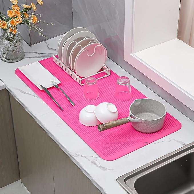 Silicone Dish Drying Mat for Multiple Usage,Easy clean,Eco-friendly,Heat-resistant Silicone Mat for Kitchen Counter or Sink,Refrigerator or Drawer Liner Rose 5XL 36inches x 18inches - Bloomnest