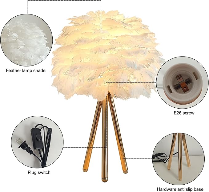 ZYLEIESENBAO White Feather Lamp Furry Table Lamp H16'' Modern Princess Feather Desk Lamp Tripod Fluffy Bedside Nightstand Light for Bedroom Wedding Atmosphere Girl Gift Living Room Retaurant Entryway - Bloomnest