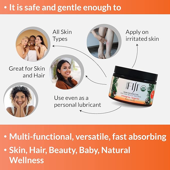 Organic Fiji Raw Cold Pressed Coconut Oil for Hair, Skin, Face & Body | Relaxing Massage Oil | Lemongrass Tangerine,12 oz for Women Men & Baby - Bloomnest