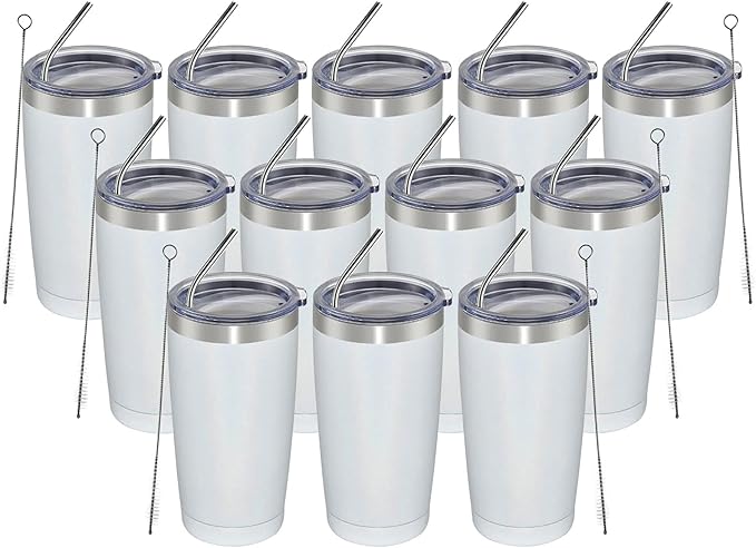 MEWAY 20oz Tumbler 12 Pack Double Wall Vacuum Insulated Travel Glitter Mug Bulk, Stainless Steel Tumblers with Lid and Straw, Powder Coated Coffee Cups for Woman(Rainbow White,Set of 12) - Bloomnest