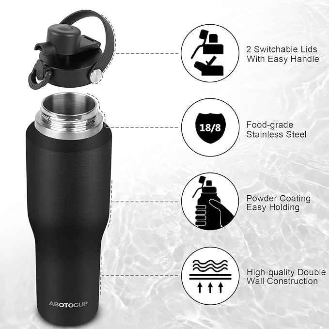 32oz Black Water Bottle Stainless Steel, Keep Cold 24H&Hot 12H, Water Bottle with Straw&Spout Lids, Insulated Water Bottle Double Wall Vacuum, Fit in Any Car Cup Holder, Leak-proof BPA Free - Bloomnest