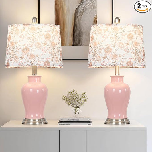 Pink Ceramic Table Lamp with Flower Lampshade, 23" Cute Ceramic Bedside Lamp with Ginger Jar Design, Modern Living Room Lamps Set 2, Elegant Bedroom Lamps for Nightstand Desk Side Home Decor - Bloomnest
