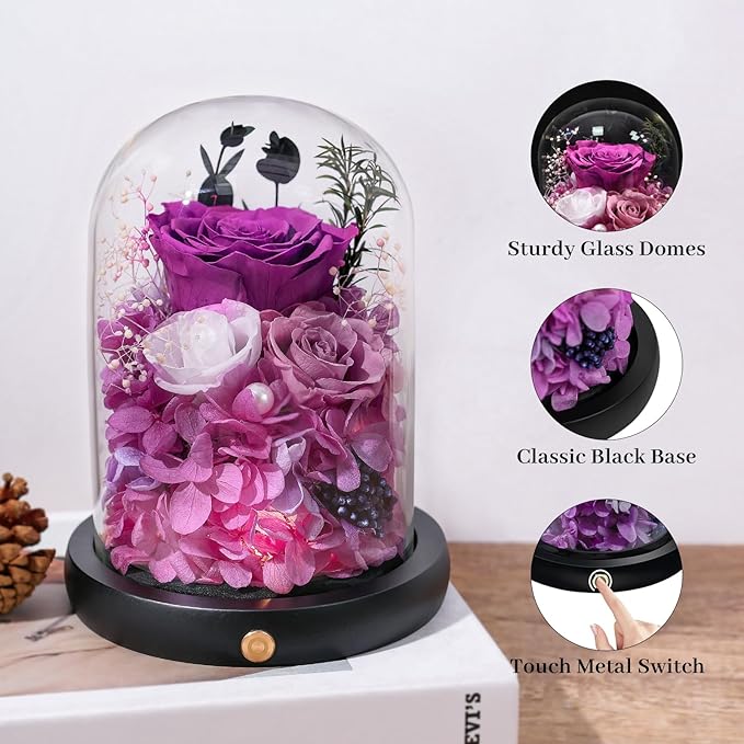 FIACO Gifts for Women Preserved Rose Forever Flower in Glass Dome Fresh Flowers for Delivery Prime Mothers Day Birthday Gifts for Mom Grandma Wife Sister Purple Roses - Bloomnest