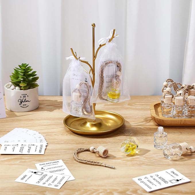 Boao 50 Sets Hanging Car Air Freshener Diffuser Bottles Empty Bulk with Car Diffuser Instruction Cards Organza Bags Glass Refillable Essential Oil Fragrance Aromatherapy Pendant (Cylindrical,Clear) - Bloomnest
