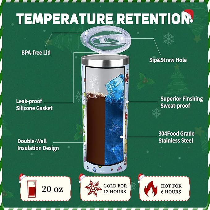 20oz Christmas Skinny Tumbler with Lid and Straw,Stainless Steel Vacuum Insulated Tumbler Cup Double Wall Travel Coffee Mug Christmas Gifts for Women Men (Santa Claus Bear,1)