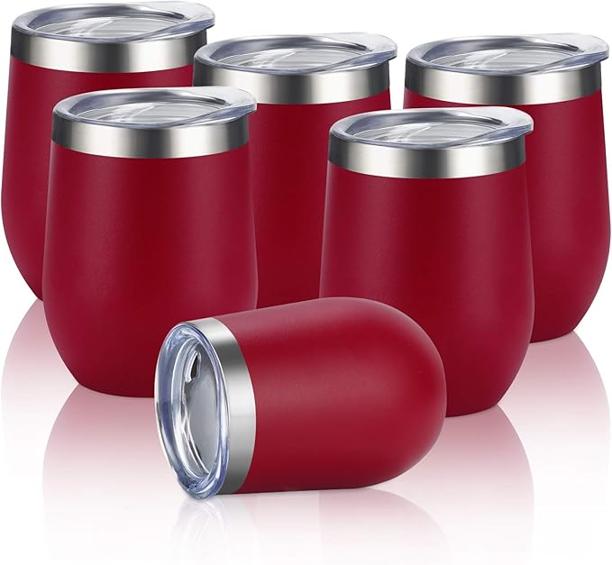 6 Pack Stainless Steel Wine Tumblers, 12Oz Insulated Wine Tumbler, Double Wall Insulated Wine Glass, Stainless Steel Stemless Wine Cups with Lids for Coffee, Wine, Cocktails, Champaign, Wine Red - Bloomnest