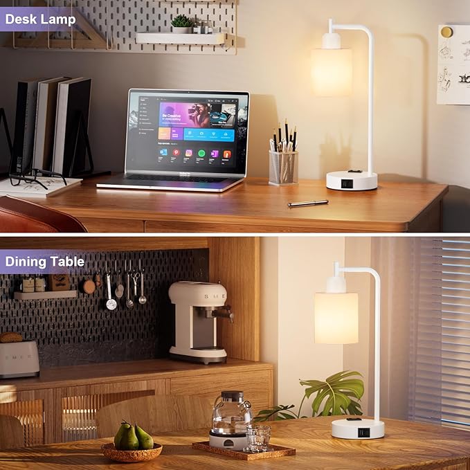 Innqoo Industrial White Table Lamps for Bedrooms Set of 2-3-Way Dimmable Desk Lamp with USB C+A Ports and Outlet, White Lamps with Opal Glass Shade for Living Room - Bloomnest